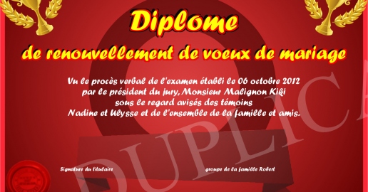 Diplome de renouvellement de voeux de mariage