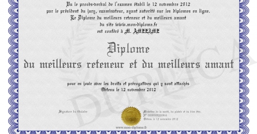Diplome du meilleurs reteneur et du meilleurs amant