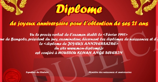 Diplome de joyeux anniversaire pour l obtention de ses 21 ans