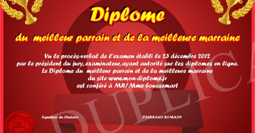 Diplome du meilleur parrain et de la meilleure marraine