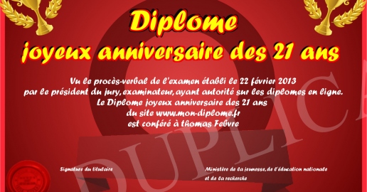 Diplome joyeux anniversaire des 21 ans