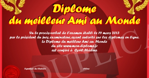 Diplome du meilleur Ami au Monde