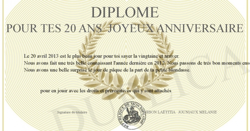 Diplome pour tes 20 ans JOYEUX ANNIVERSAIRE