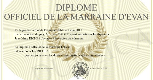 Diplome Officiel de la Marraine D Evan