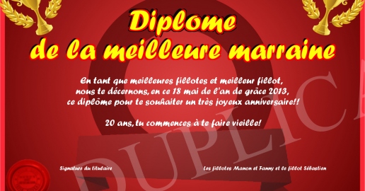 Diplome de la meilleure marraine