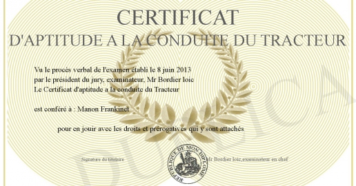 Certificat d aptitude a la conduite du Tracteur