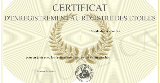 Certificat d enregistrement au Registre des Etoiles