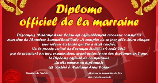Diplome officiel de la marraine