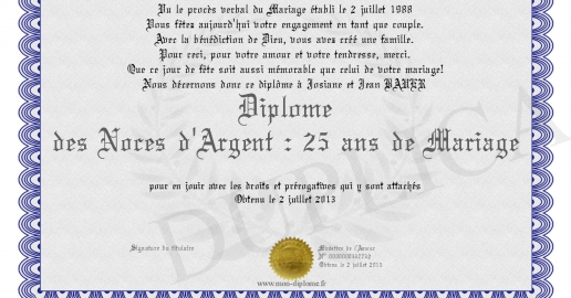 Diplome des Noces d Argent : 25 ans de Mariage