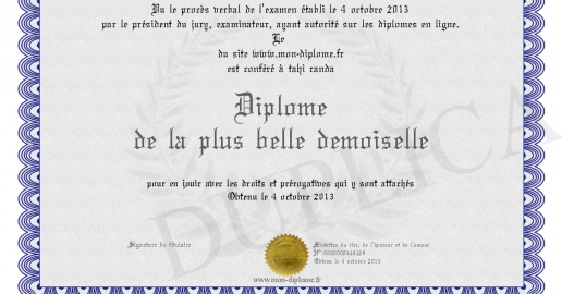 Diplome de la plus belle demoiselle