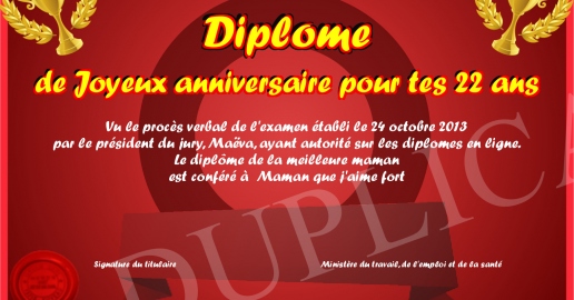 Diplome de Joyeux anniversaire pour tes 22 ans