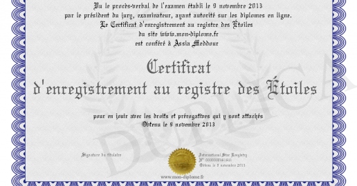 Certificat d enregistrement au registre des Étoiles