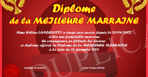 Diplome de la MEILLEURE MARRAINE