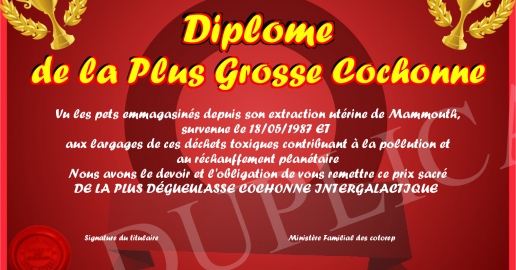 Diplome De La Plus Grosse Cochonne 