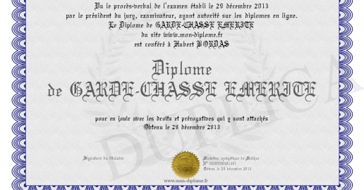 Diplome de GARDE-CHASSE EMERITE