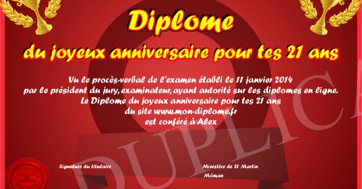 Diplome du joyeux anniversaire pour tes 21 ans