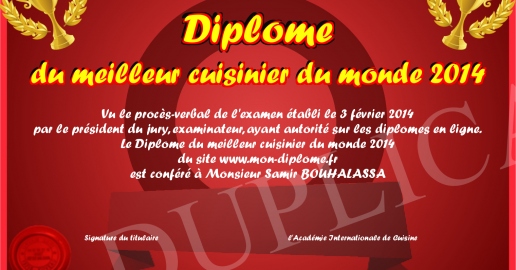 Diplome du meilleur cuisinier du monde 2014