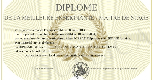 DIPLOME DE LA MEILLEURE ENSEIGNANTE - MAITRE DE STAGE