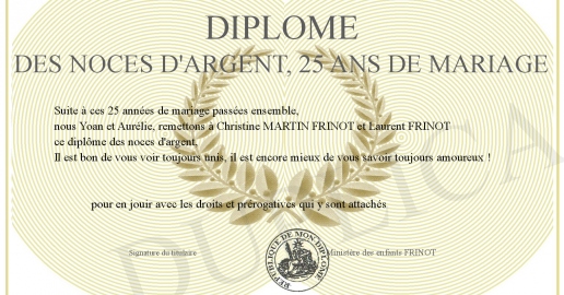 Diplome des noces d argent 25 ans de mariage