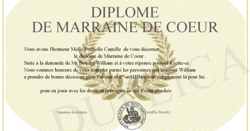 Diplome de MARRAINE de COEUR