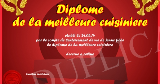 Diplome de la meilleure cuisiniere