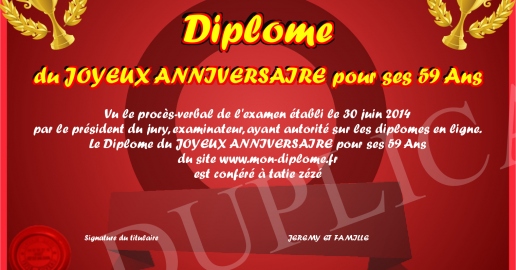 Diplome du JOYEUX ANNIVERSAIRE pour ses 59 Ans