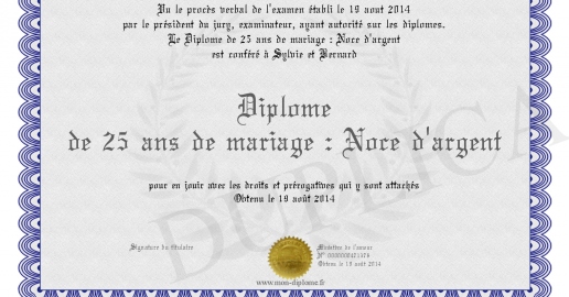 Diplome de 25 ans de mariage : Noce d argent