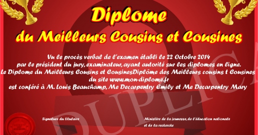 Diplome du Meilleurs Cousins et Cousines
