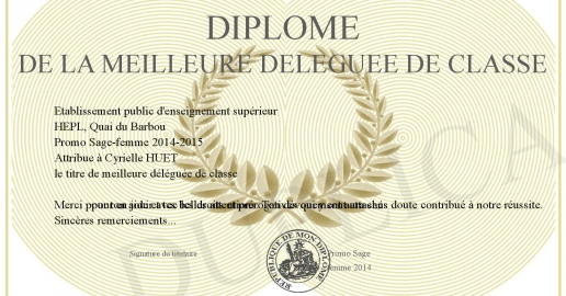 Diplome de la meilleure deleguee de classe