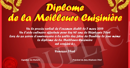Diplome de la Meilleure Cuisiniere