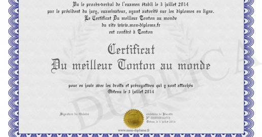 Certificat Du meilleur Tonton au monde