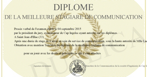 Diplome de la meilleure stagiare de Communication