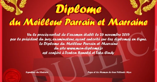 Diplome du Meilleur Parrain et Marraine