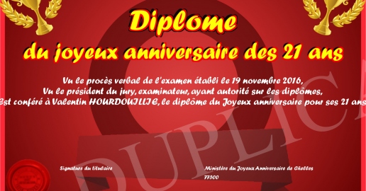 Diplome du joyeux anniversaire des 21 ans