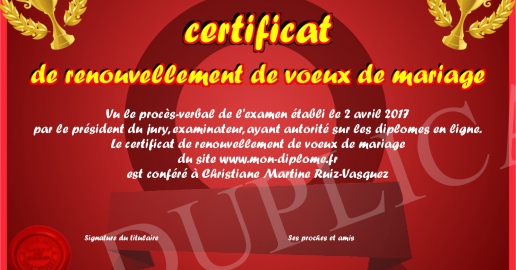 certificat de renouvellement de voeux de mariage