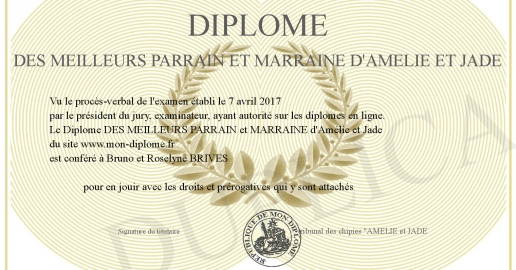 Diplome DES MEILLEURS PARRAIN et MARRAINE d Amelie et Jade