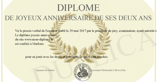 Diplome de joyeux anniversaire de ses deux ans