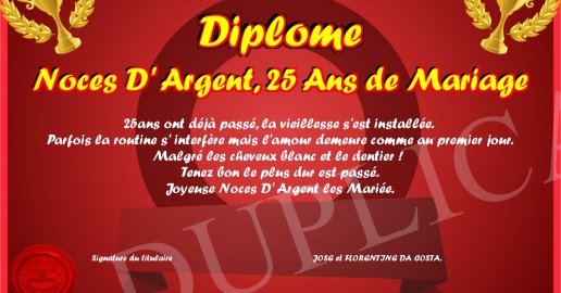 Diplome Noces D Argent 25 Ans de Mariage