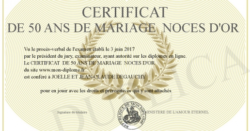 CERTIFICAT DE 50 ANS DE MARIAGE NOCES D OR