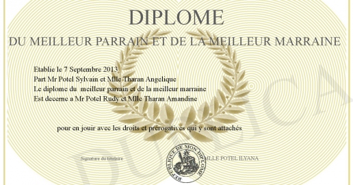Diplome DU MEILLEUR PARRAIN ET DE LA MEILLEUR MARRAINE