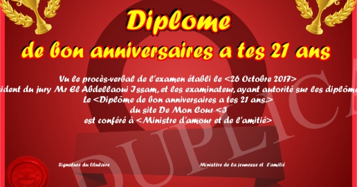 Diplome de bon anniversaires a tes 21 ans