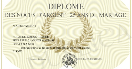 Diplome des NOCES D ARGENT 25 ANS DE MARIAGE