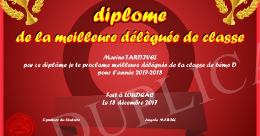 diplome de la meilleure deleguee de classe