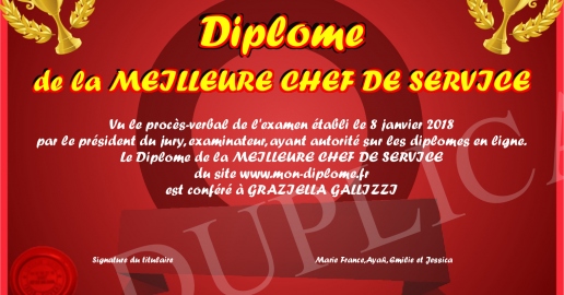 Diplome de la MEILLEURE CHEF DE SERVICE