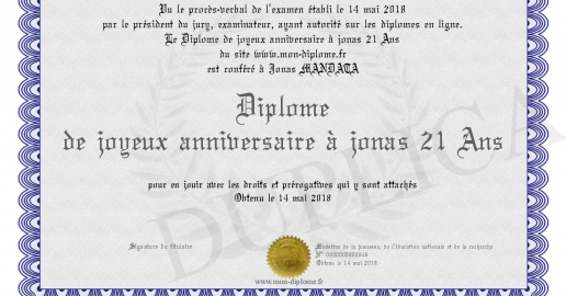 Diplome de joyeux anniversaire a jonas 21 Ans
