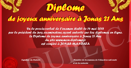 Diplome de joyeux anniversaire a Jonas 21 Ans