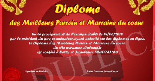 Diplome des Meilleurs Parrain et Marraine du coeur