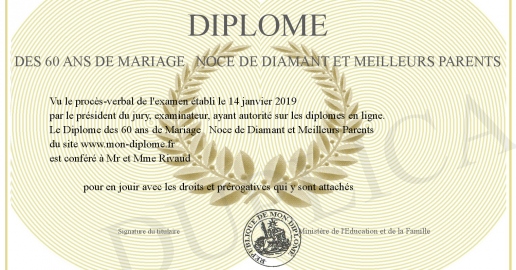 Diplome des 60 ans de Mariage Noce de Diamant et Meilleurs Parents