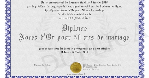 Diplome Noces d Or pour 50 ans de mariage