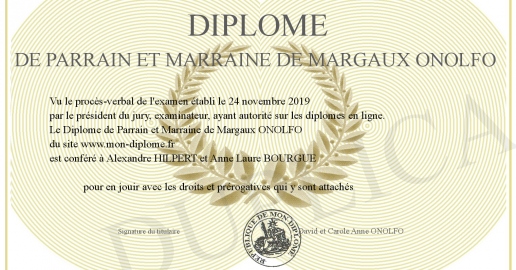 Diplome de Parrain et Marraine de Margaux ONOLFO